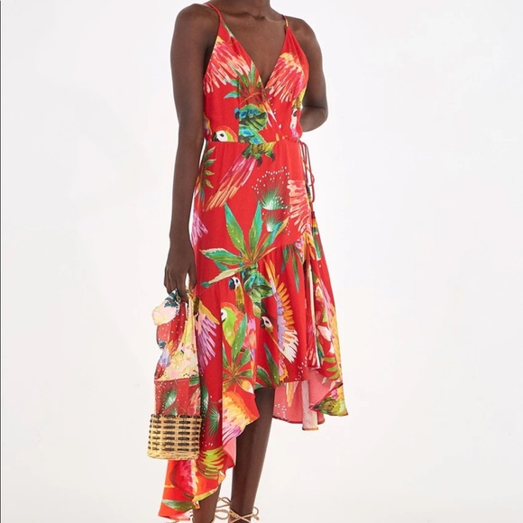 New Farm Rio Red Macaw Bird Print Wrap Dress M - Picture 1 of 15